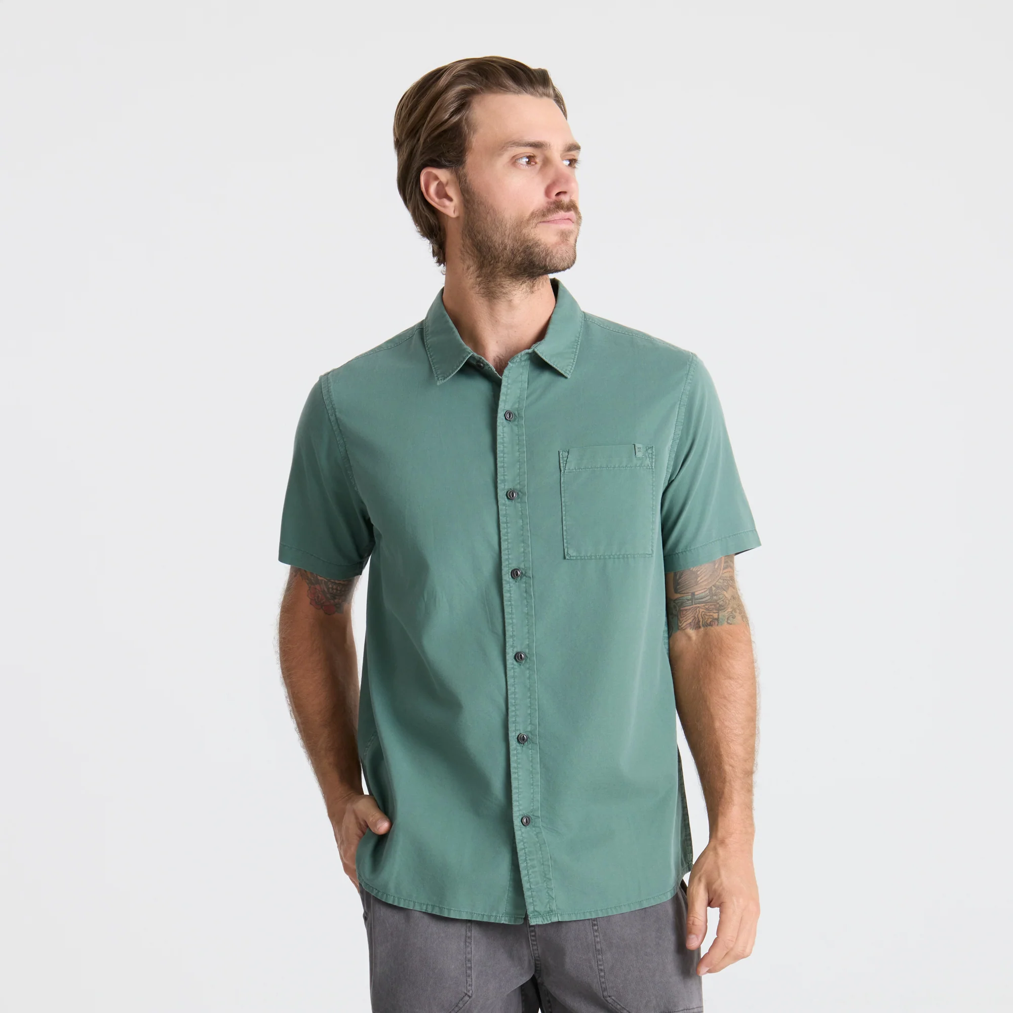 Made To Fade Short Sleeve Button Up Shirt - Washed Slate Green - Image 3