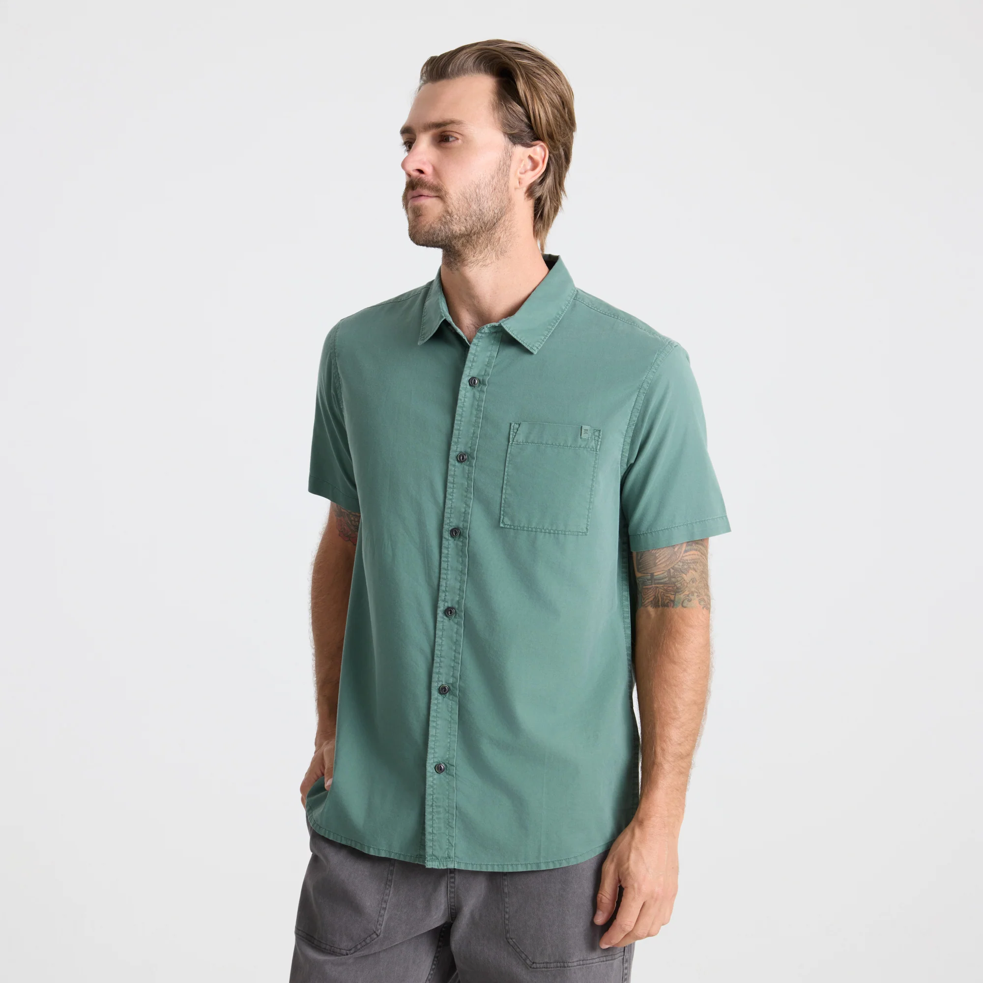 Made To Fade Short Sleeve Button Up Shirt - Washed Slate Green - Image 4