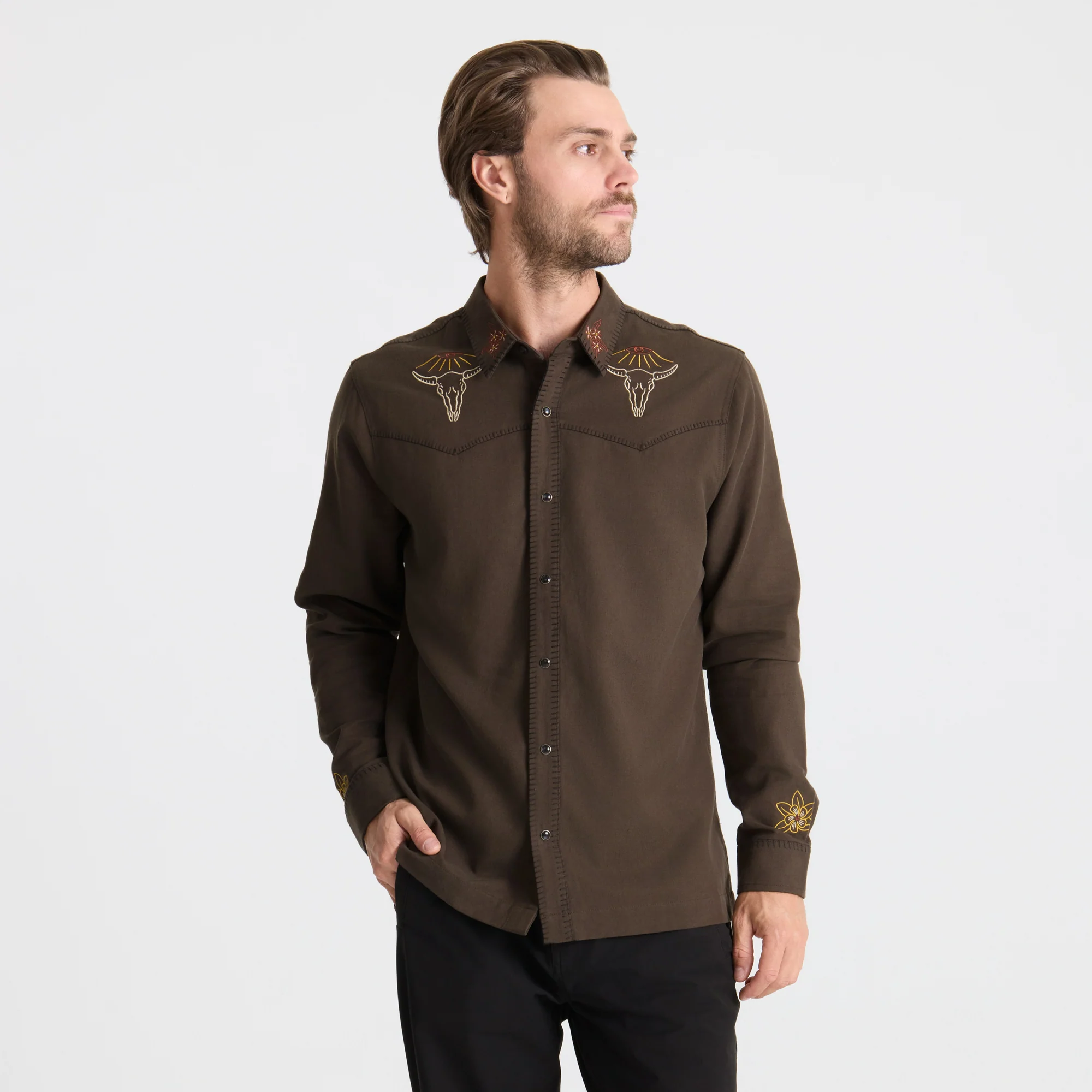 On the Range Long Sleeve Button Up Shirt - Dark Brown - Image 3