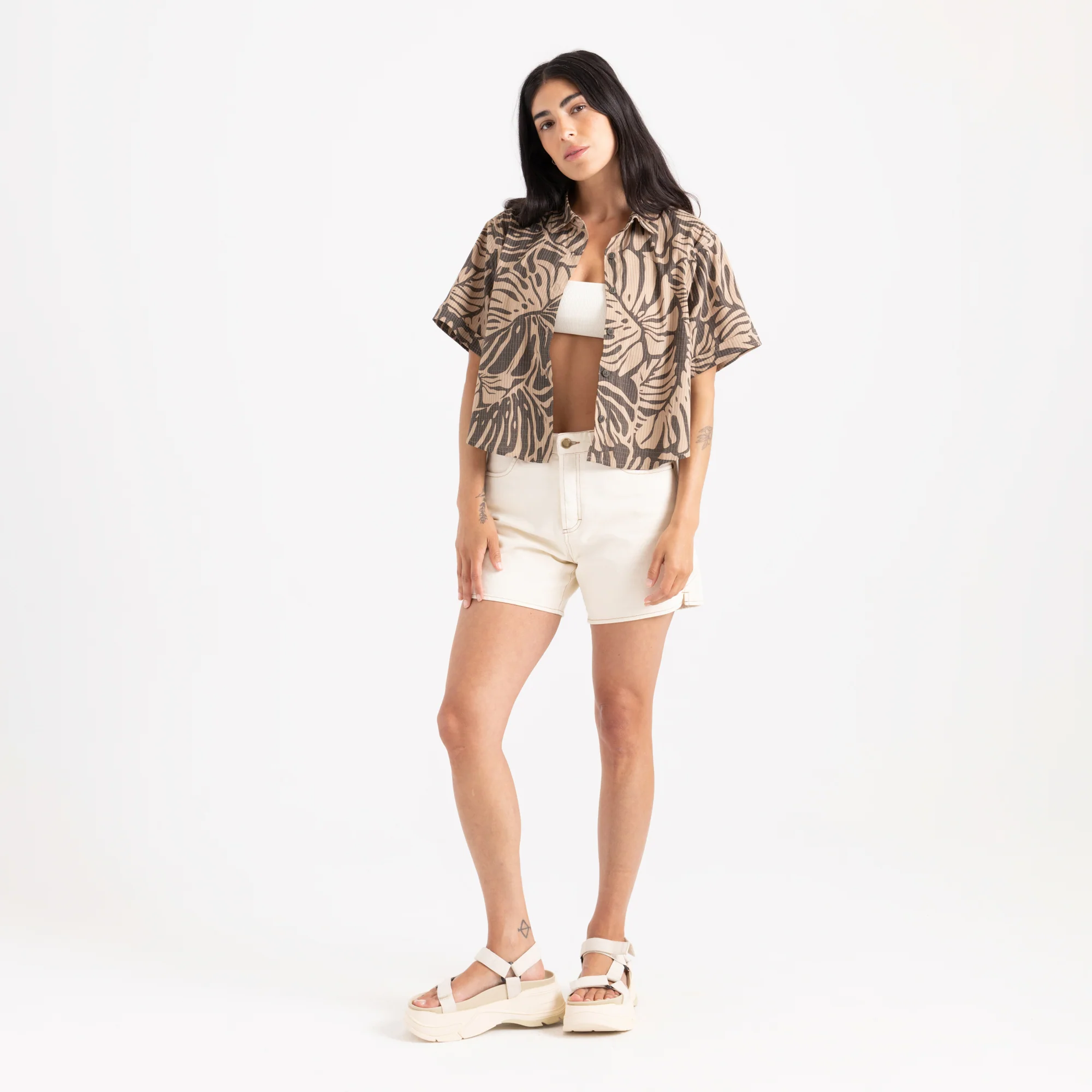 Bless Up Cropped Button Up Shirt - Khaki