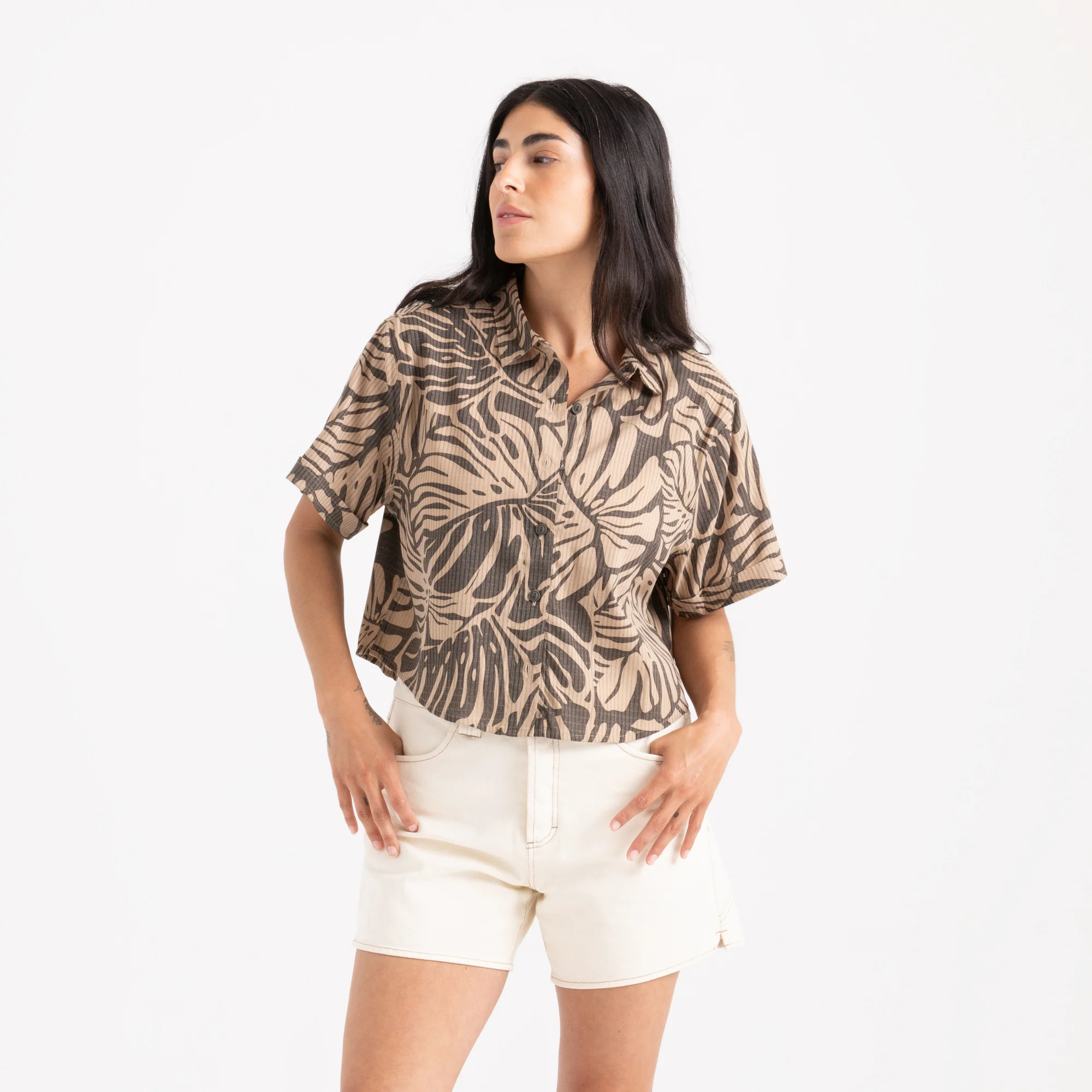 Bless Up Cropped Button Up Shirt - Khaki - Image 2