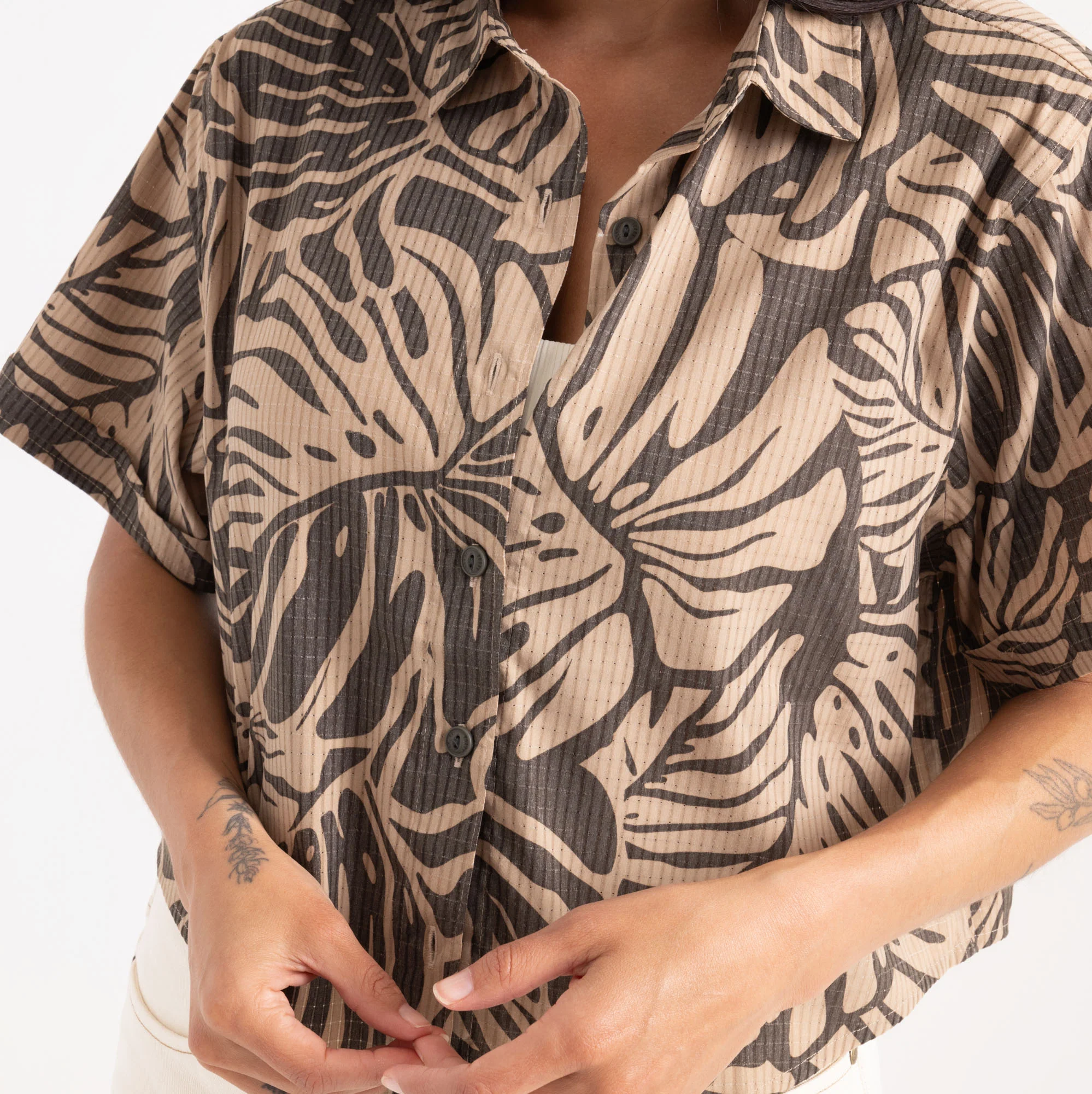 Bless Up Cropped Button Up Shirt - Khaki - Image 6